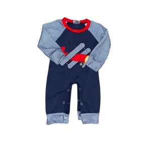 Appliqué Smock Boutique Navy and Red Baby Romper Airplane